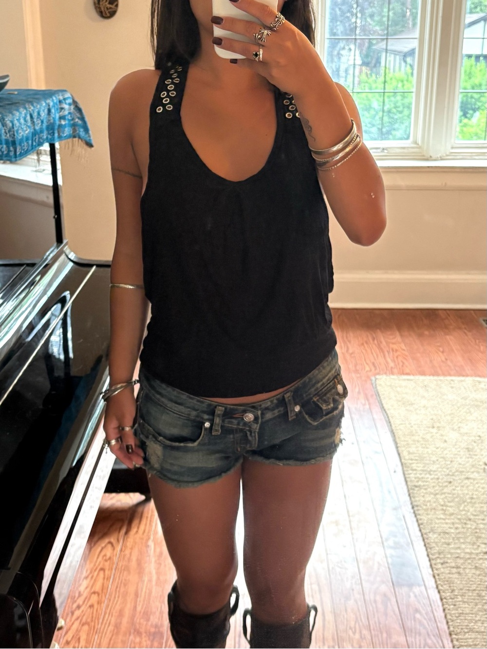 Vintage Vero Moda Black Grommet Shoulder Racer Back Tank Top - Picture 2 of 9